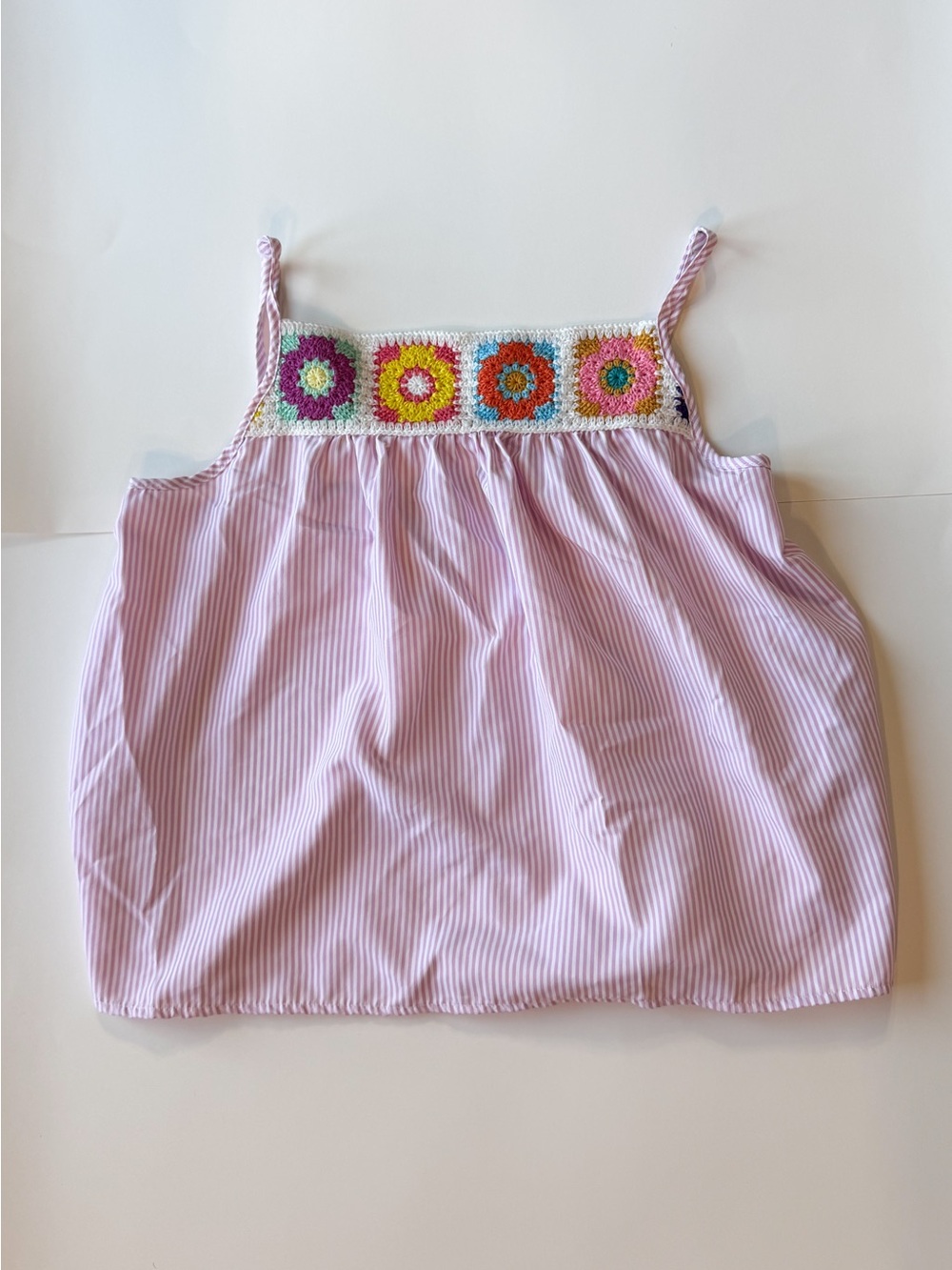 SHEIN Pink Striped Tank Top with Multicolor Crochet Yoke